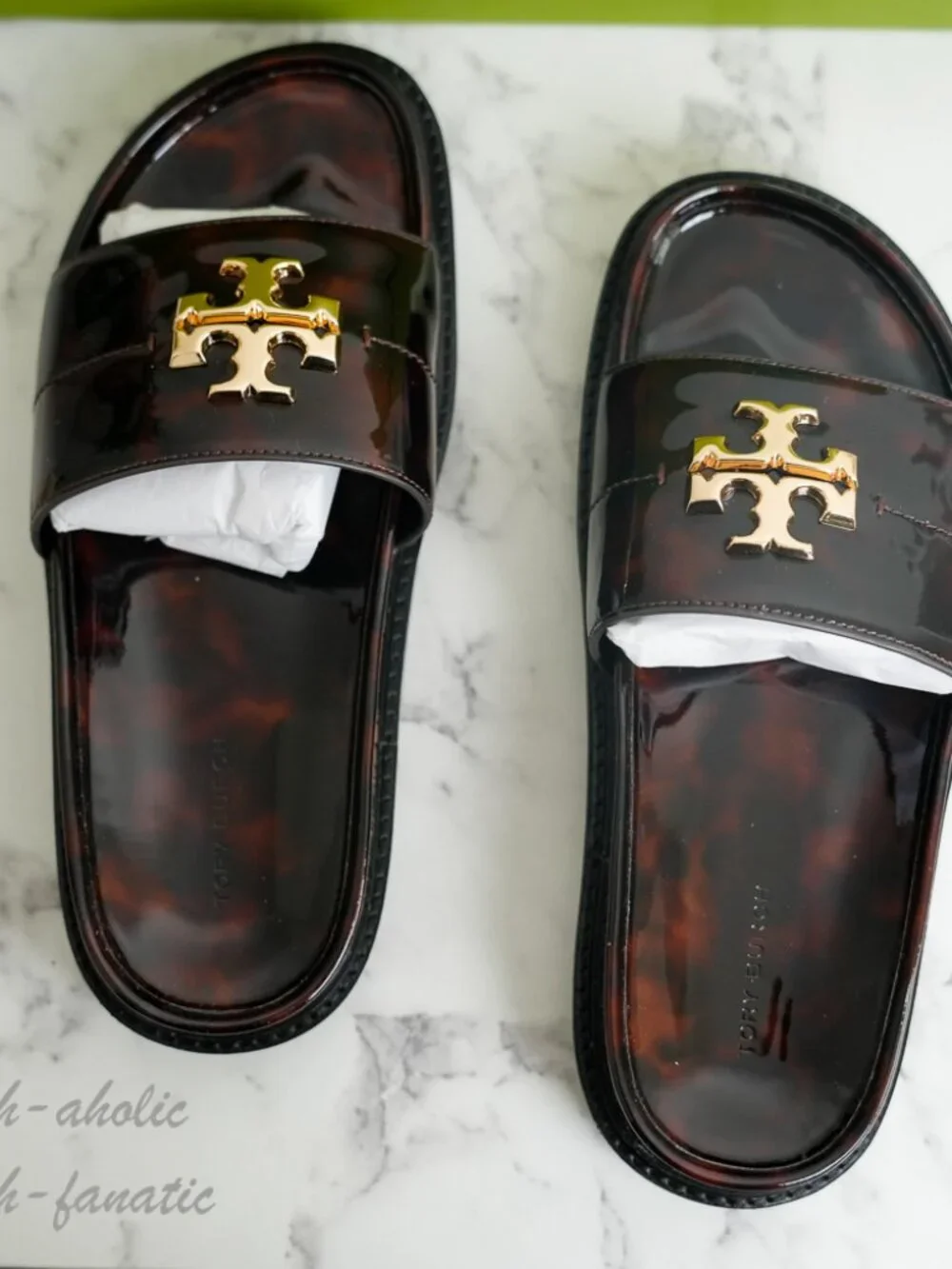 Tory Burch Everly Anatomic Lug Slide Sandal in Tortoise Patent Leather 7/7.5/8